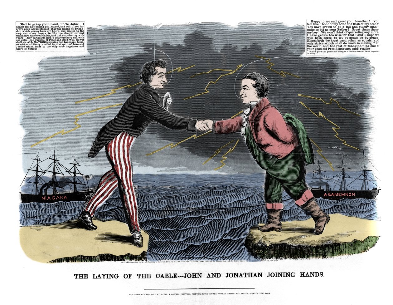 1858.08.17-én megtörtént az első transzatlanti üzenetváltás: John (Anglia) és Jonathan (Egyesült Államok) két allegorikus alakja gratulált egymásnak az Európa és az Újvilág közötti víz alatti kábelszakadás sikeréhez. mögött th alkotó: Unknown artist