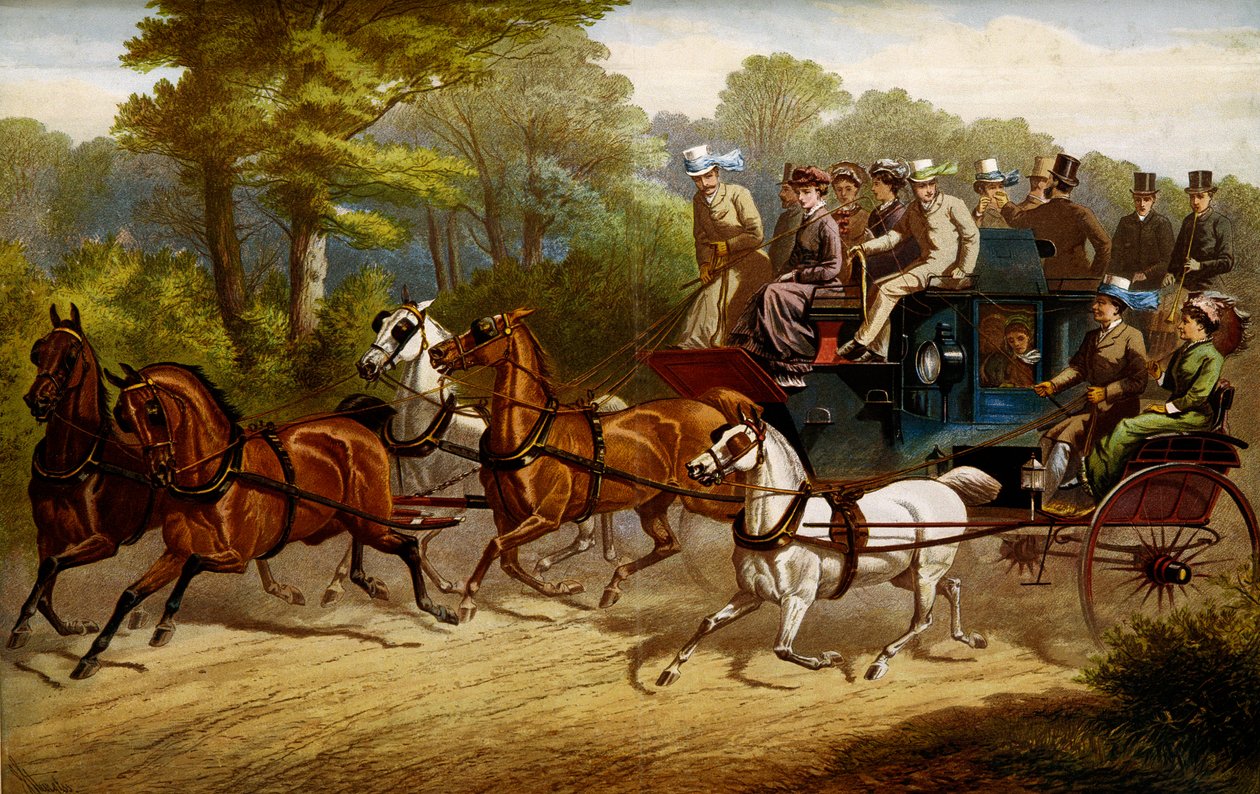 Útban a derbi felé. Fiacre és omnibusz, amelyet lovak húznak egy derbire alkotó: Unknown artist