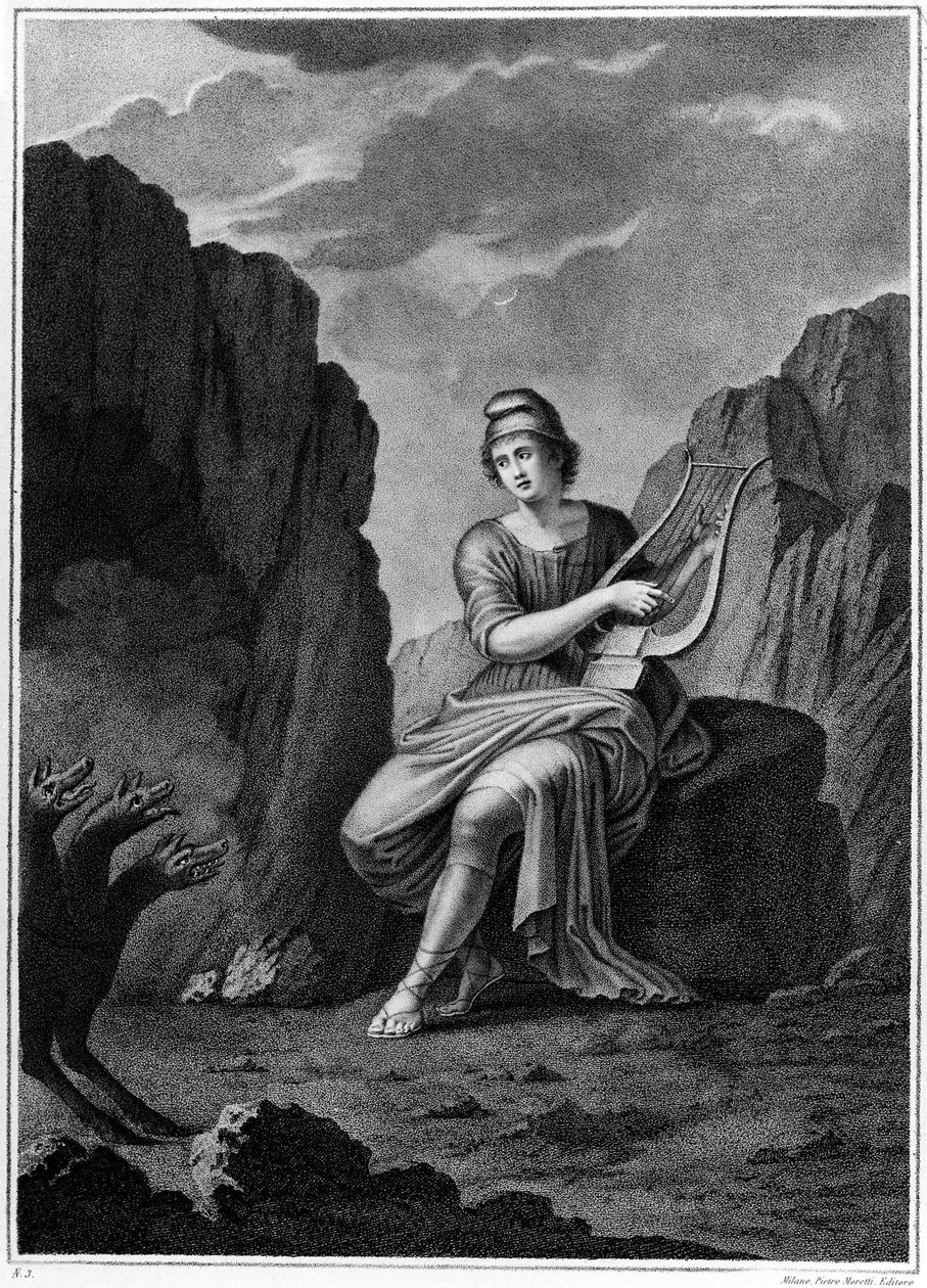 Orpheus az alvilág bejáratánál találkozik Cerberusszal. Litográfia. 19. század alkotó: Unknown artist