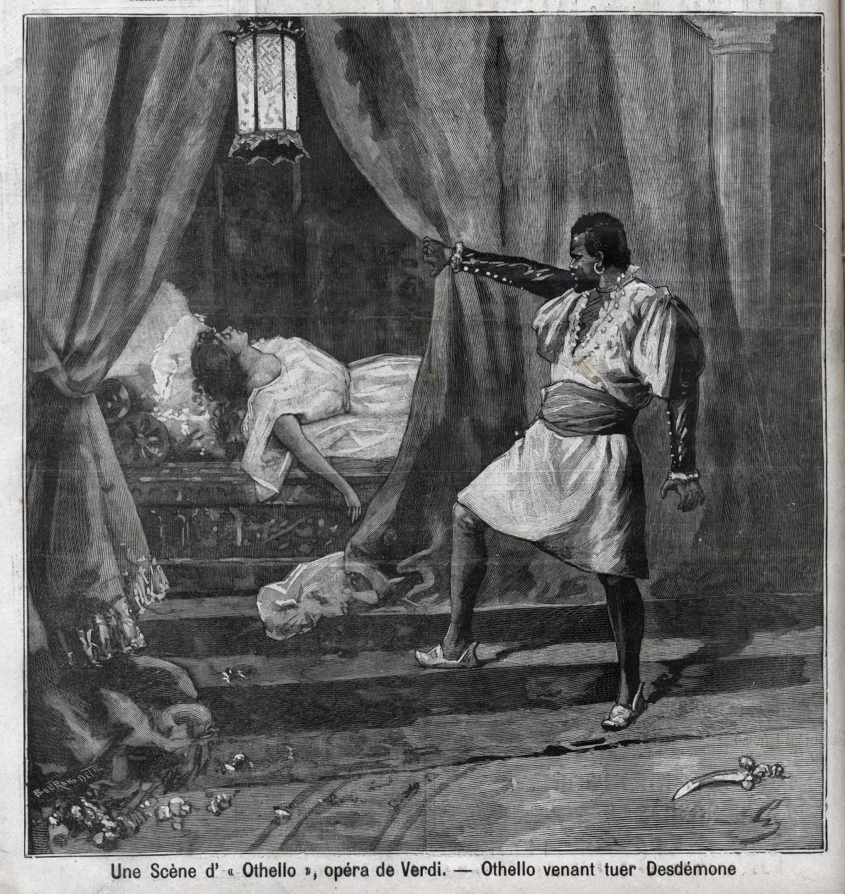 Othello most ölte meg Desdemonát az ágyában. Giuseppe Verdi (1813-1901) „” Othello” című opera jelenete, metszet a „” Le Parisien”-ben” alkotó: Unknown artist