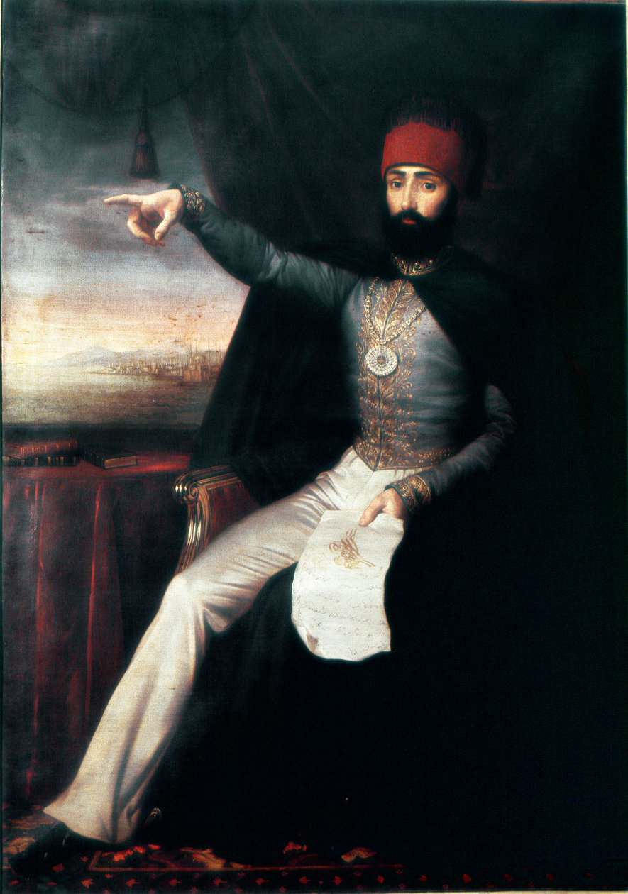Oszmán Birodalom: II. Mahmud szultán (1784-1839) portréja”” Jellemző, hogy ujjal mutogatva jelezheti a janicsárrend lemészárlásának parancsát. Névtelen olajfestmény. 1808-1839 Isztambul, Topkapi Sarayi Múzeum, Törökország alkotó: Unknown artist