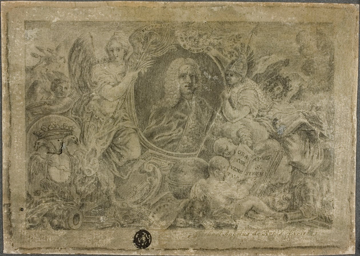 Allegorikus alakok által tartott ovális portré mellszobor alkotó: Unknown artist