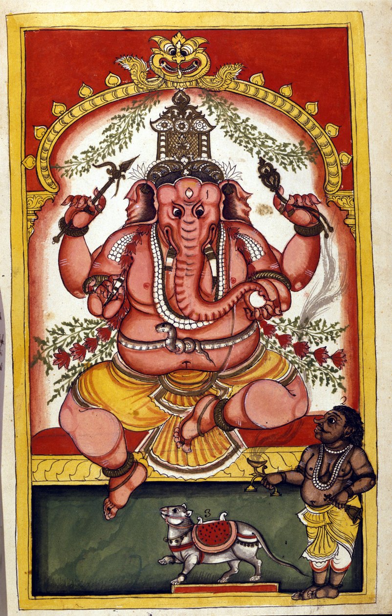 Ganesha (Ganesh vagy Ganapati) hindu istenséget, a kereskedők, utazók és tolvajok védőszentjét ábrázoló oldal. Az oldal a kéziratból (ms.8300) származik: Stefano Nivibus Cardeira „Mogol története”” (Moghul vagy Moghol). 18. század. Bibloteca marciana, Vele alkotó: Unknown artist