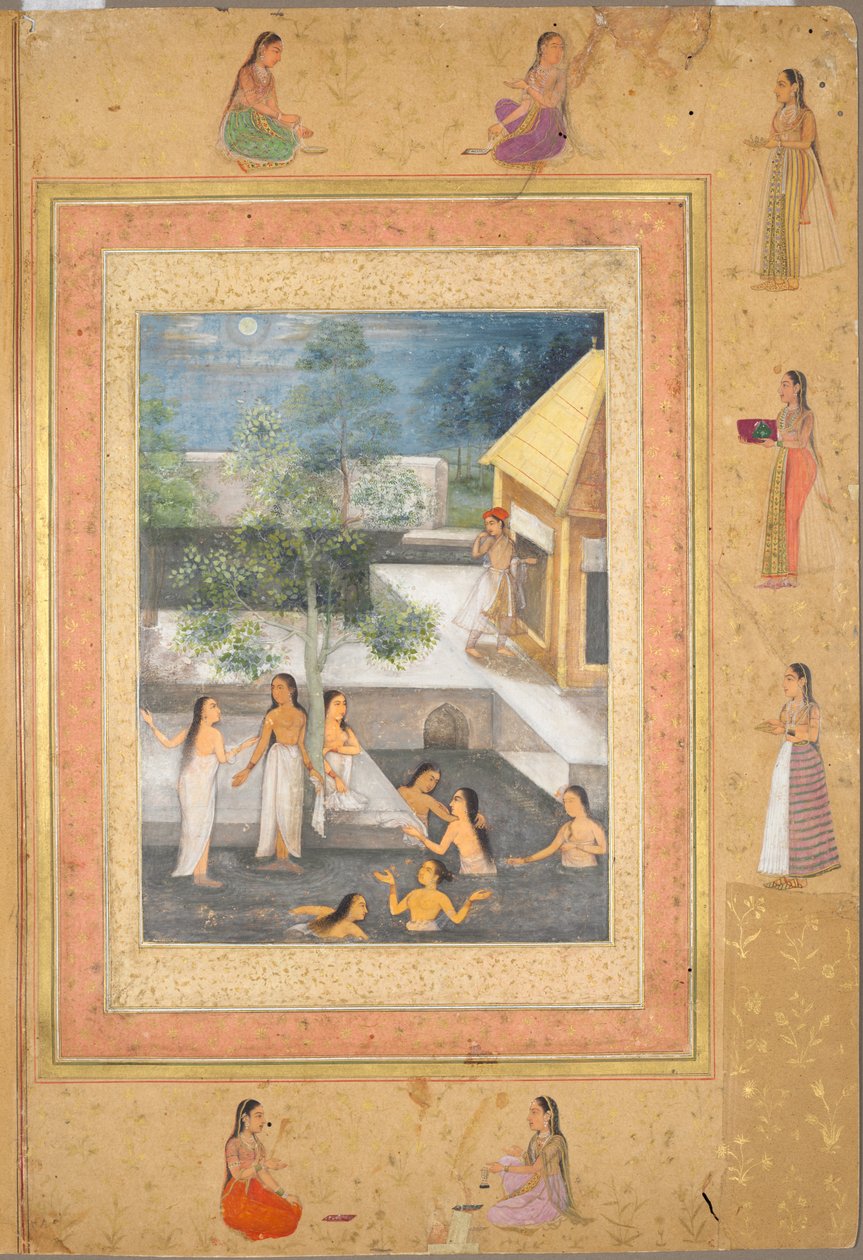 Oldal a Late Shah Jahan albumról: Harem Night-Bathing Scene (recto) alkotó: Unknown artist