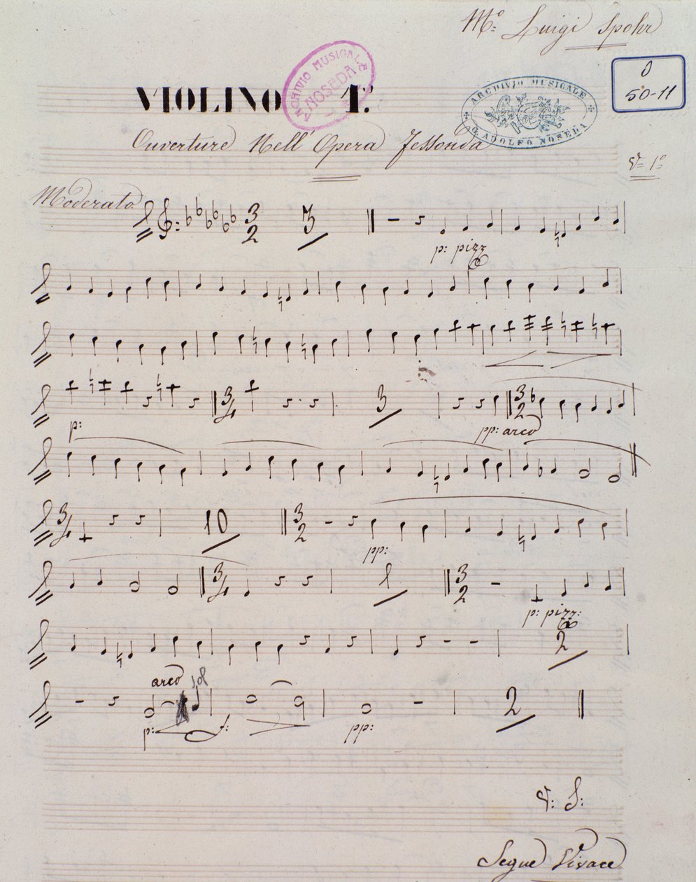 Az első hegedűre írt kotta lapja Louis Spohr Jessonda című operájának nyitányában alkotó: Unknown artist