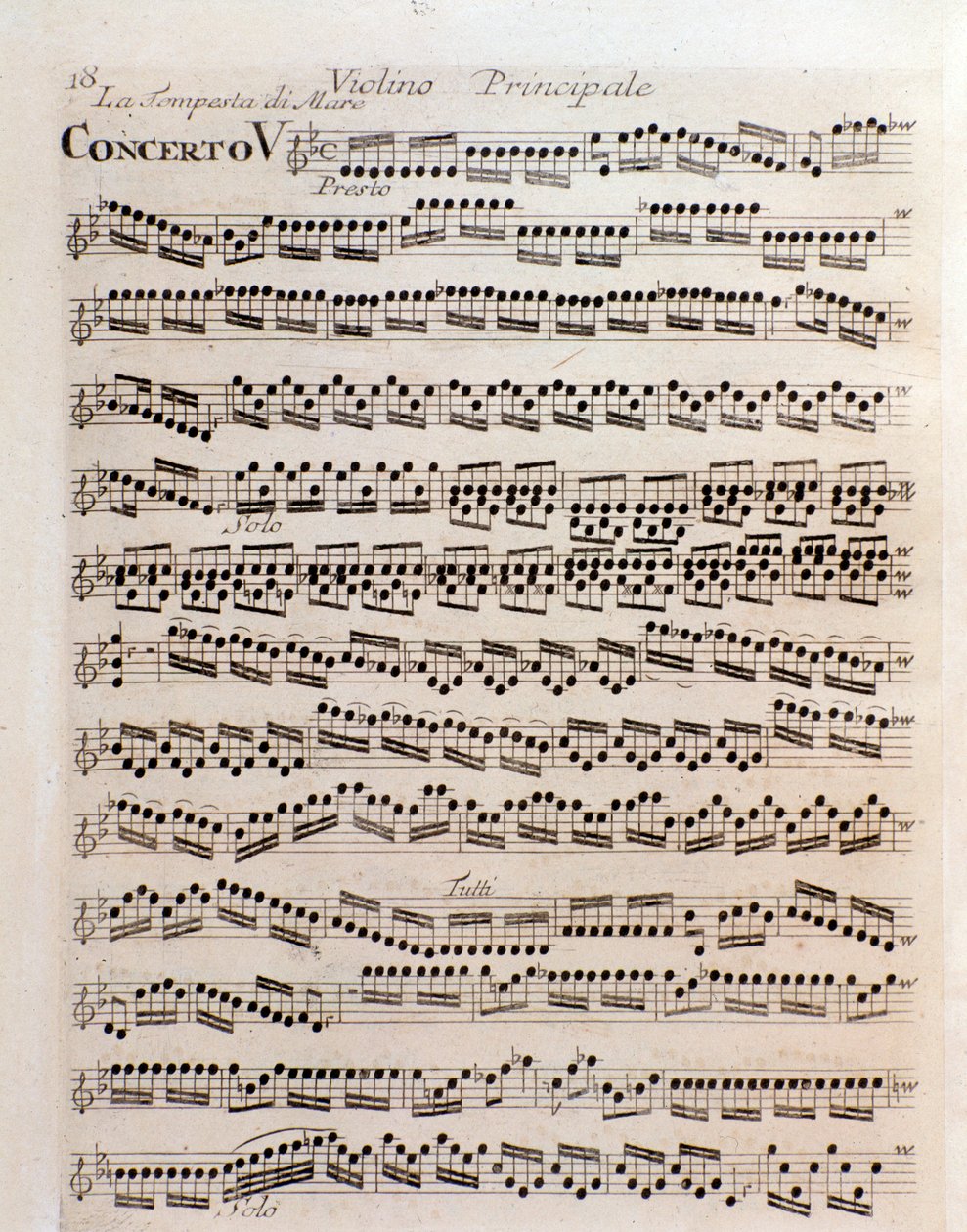 A hegedű partitúrájának oldala az V. koncerten Antonio Vivaldi harmónia és találmány próbája alkotó: Unknown artist