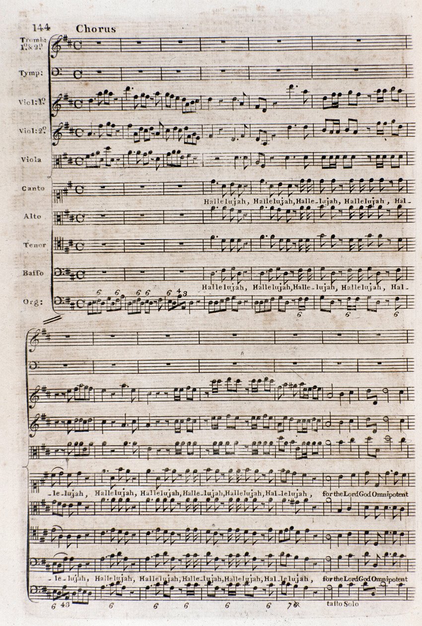 A honosított angol német zeneszerző, George Frederick Handel (Georg Friedrich Handel) „A messiás” (A messiás) című kórus „” Hallelujah”” partitúrájának oldala alkotó: Unknown artist