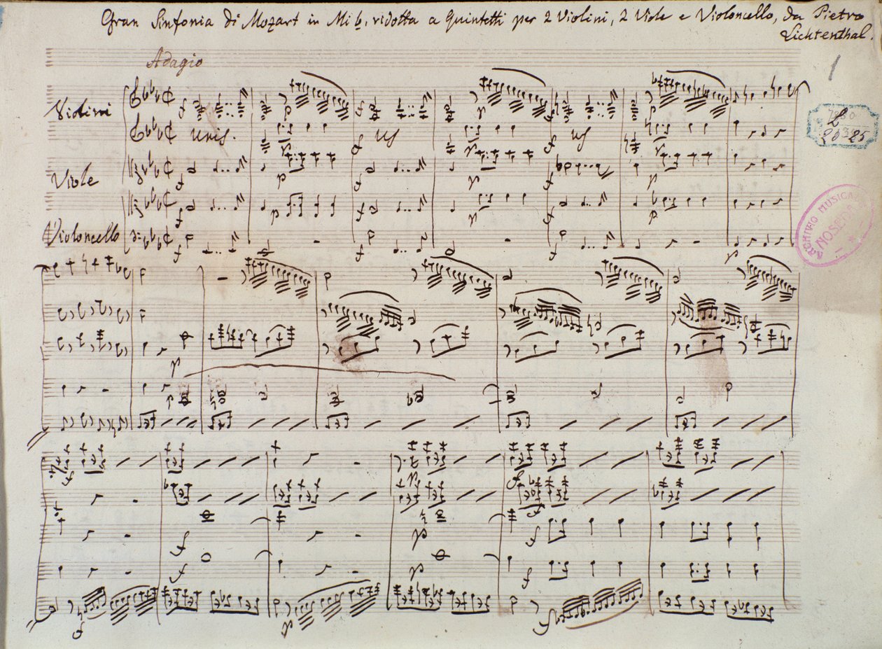 A Symphony concertante hegedűre és brácsára E-szíj kottájának oldala, Mozarttól, Lichtenthal változat alkotó: Unknown artist
