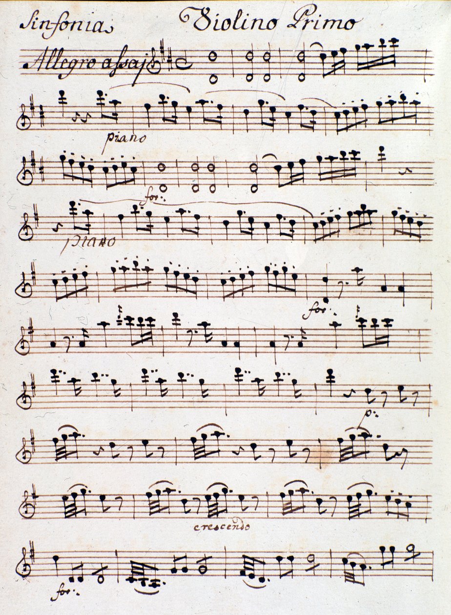 Szimfónia első hegedűjére írt kotta lapja. 4 in D, Mozart (1765) alkotó: Unknown artist
