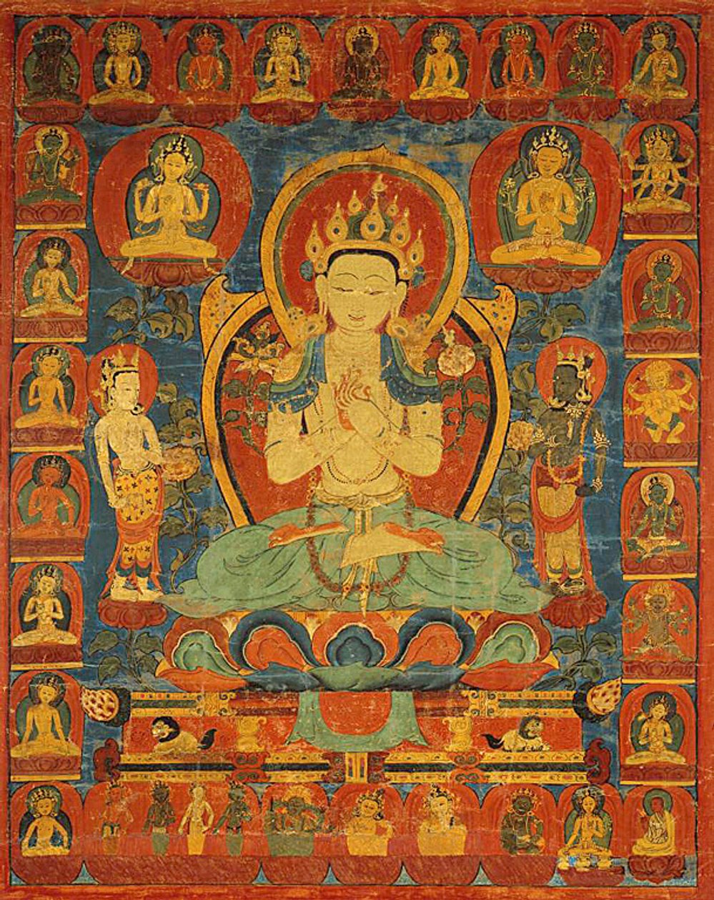Bódhiszattva Maitréja festett zászlója (Thangka), körülvéve a kíséretével. alkotó: Unknown artist