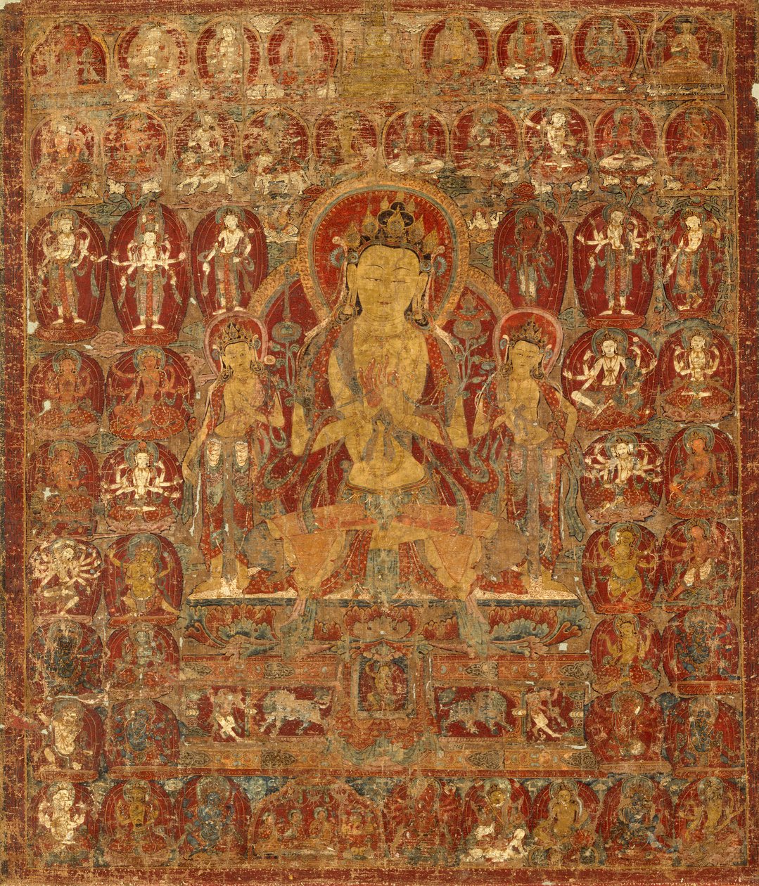 Festett transzparens (Thangka) a bódhiszattva Manjushri Vajrapani (jobbra) és Padmapani (balra) társaságában. alkotó: Unknown artist
