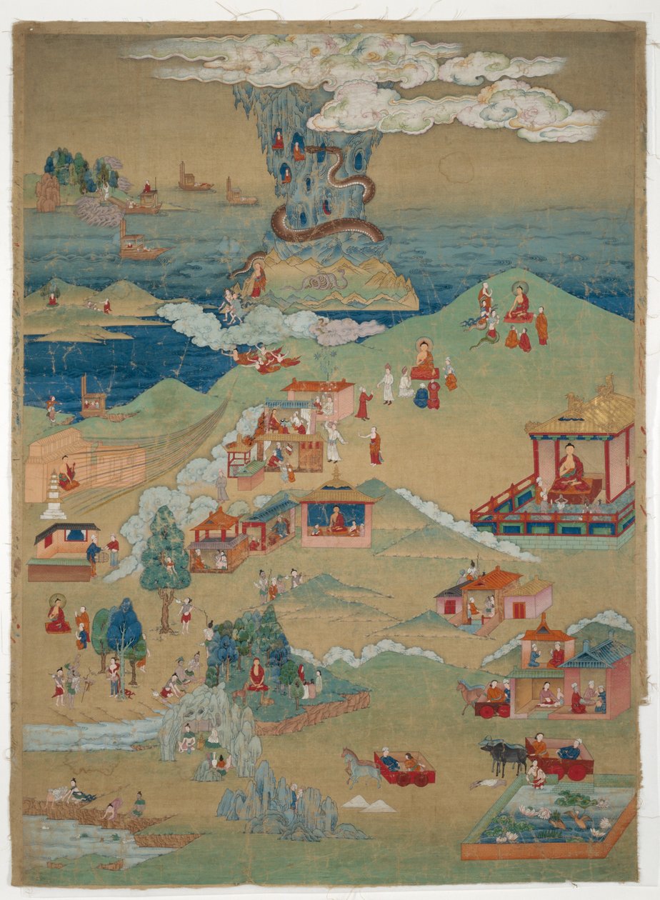 Festett transzparens (Thangka) az Avadana Kalpalata Jataka öt erkölcsi meséjéből alkotó: Unknown artist