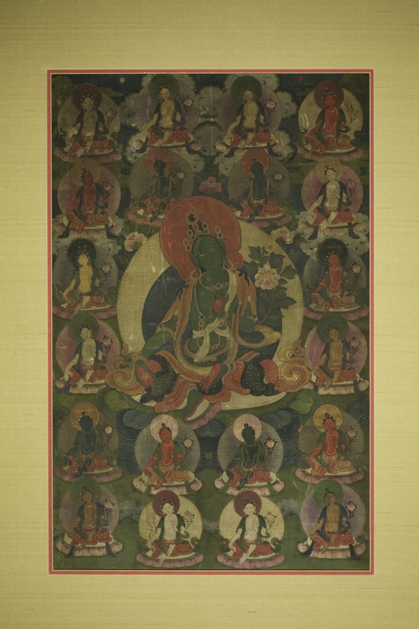 Festett zászló (Thangka) a Zöld Tara húsz megnyilvánulással körülvéve alkotó: Unknown artist