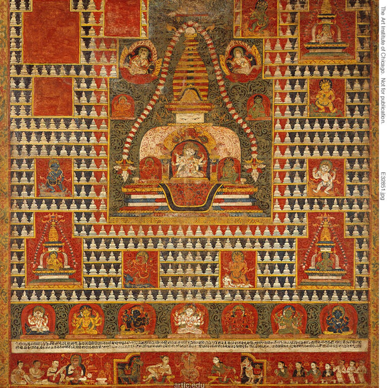 Ushnishavijaya istennő festett zászlaja (paubha) egy temetkezési dombon (chaitya) belül és Chaityákkal körülvéve. alkotó: Unknown artist