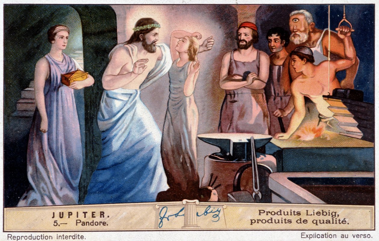Pandora, az első nő, a Jupiter - Liebig kromolitográfiás - rendje alapján jött létre alkotó: Unknown artist