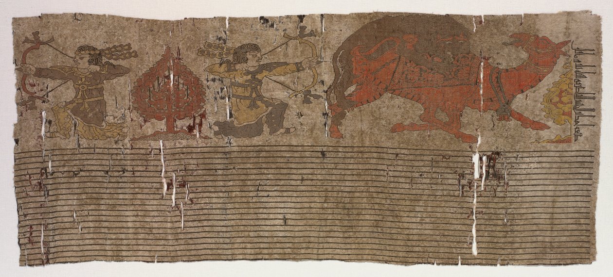 Panel vadászokkal és tevével és felirattal alkotó: Unknown artist