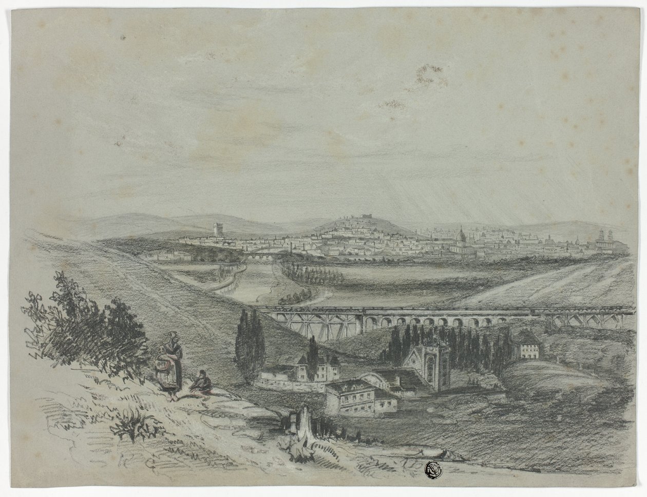Panorámakép a vasúti hídra és a városra alkotó: Unknown artist
