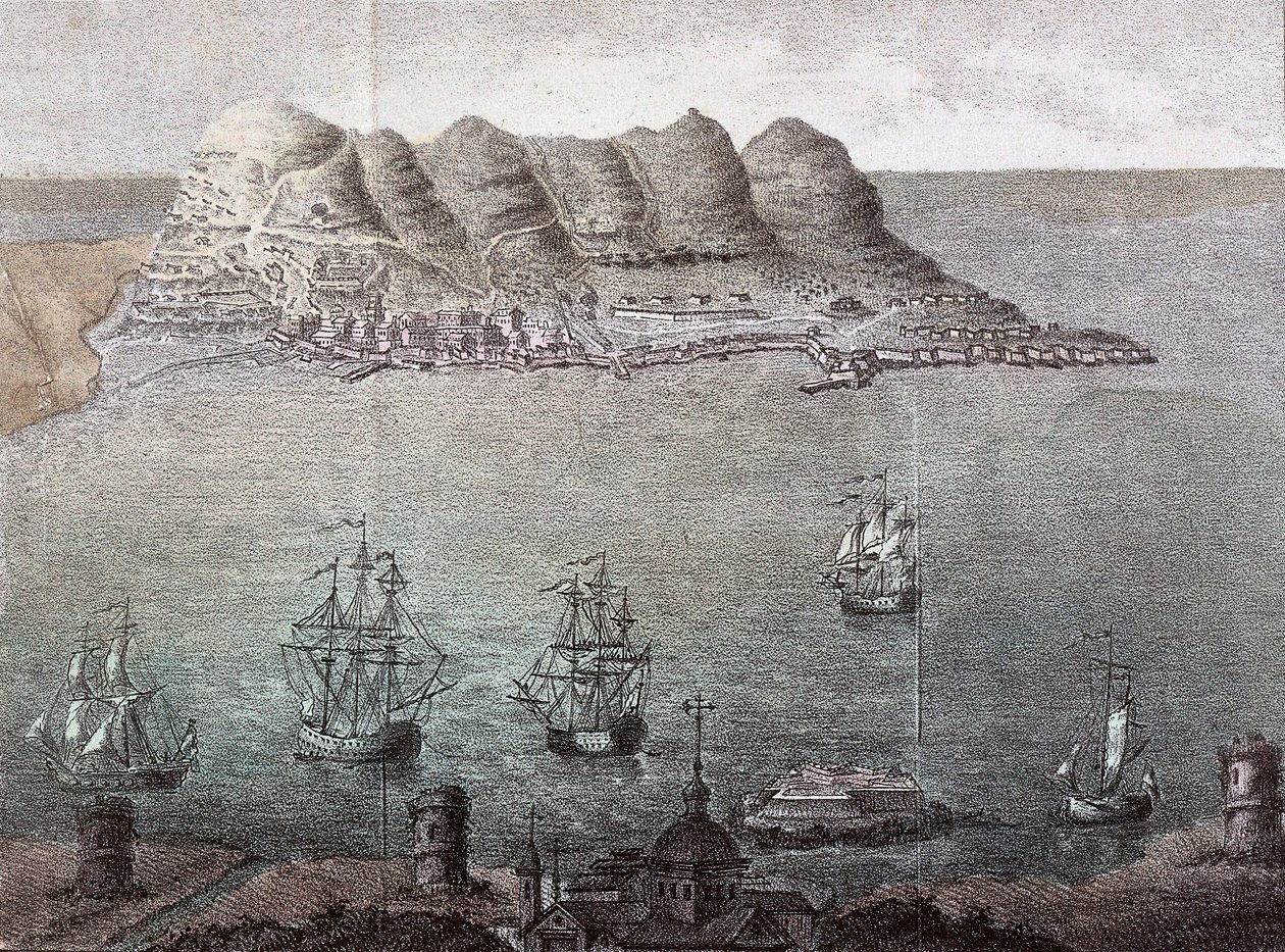 Panorámás kilátás Gibraltárra és Detroitra. 19. századi Madrid, Nemzeti Könyvtár alkotó: Unknown artist