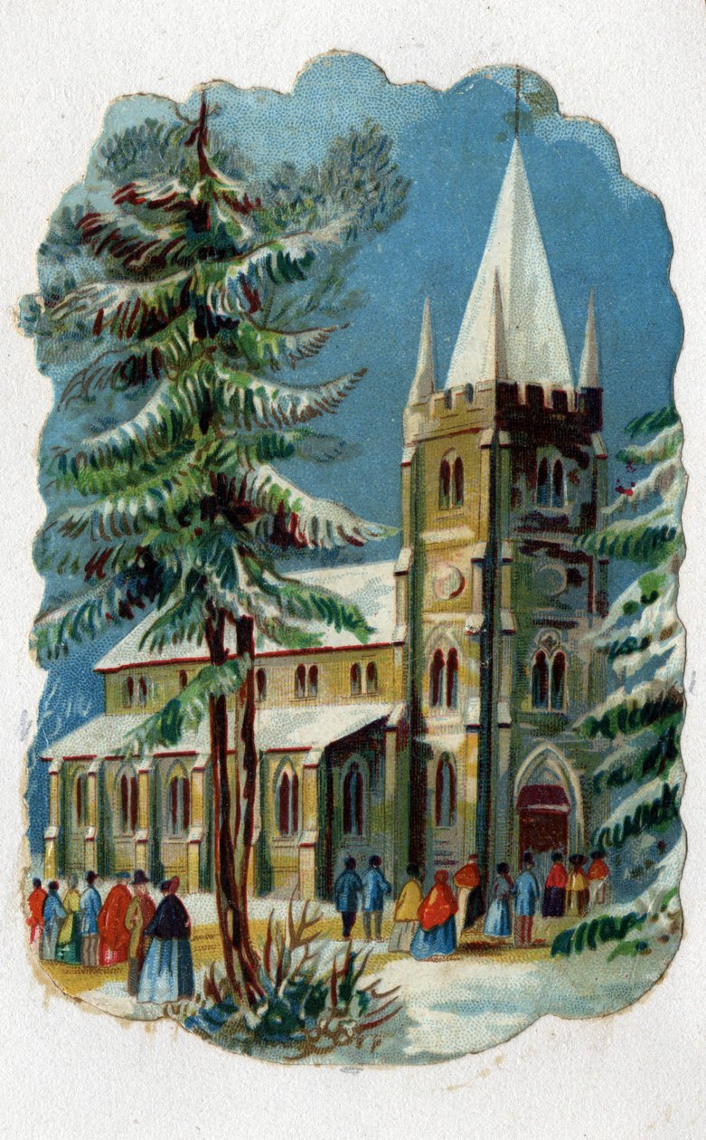 Vasárnapi szentmisére templomba járó plébánosok. Kromolitográfia 1890 körül. alkotó: Unknown artist