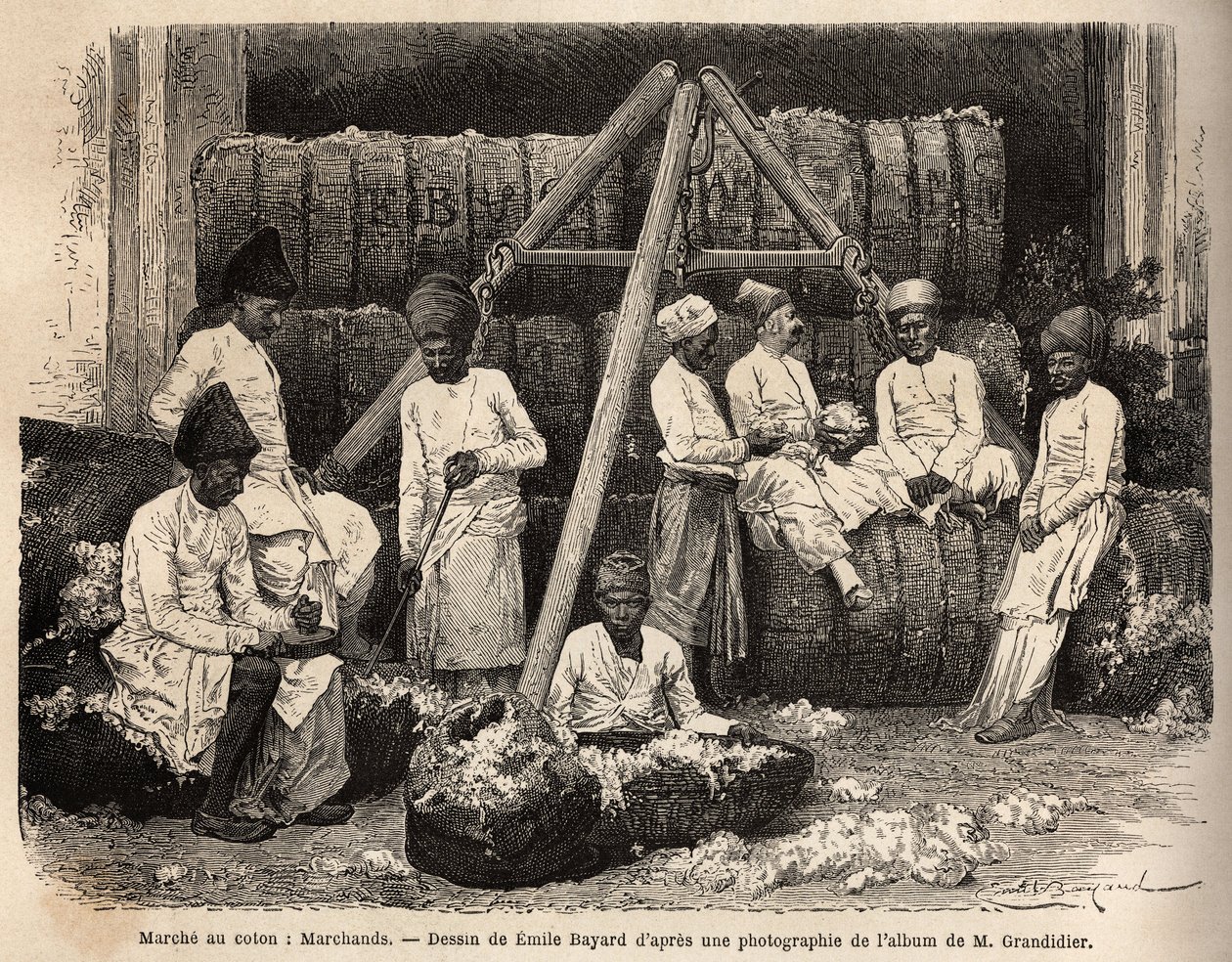 Parsi kereskedők és kereskedők a bombayi gyapotpiacon. Alfred Grandidier 1862-1864-es metszete India meridionális tartományaiban való utazás szemléltetésére, megjelent a „Le tour du monde”” 1869-ben, szerkesztette Edouard Charton, Hachette kiadás, Par alkotó: Unknown artist