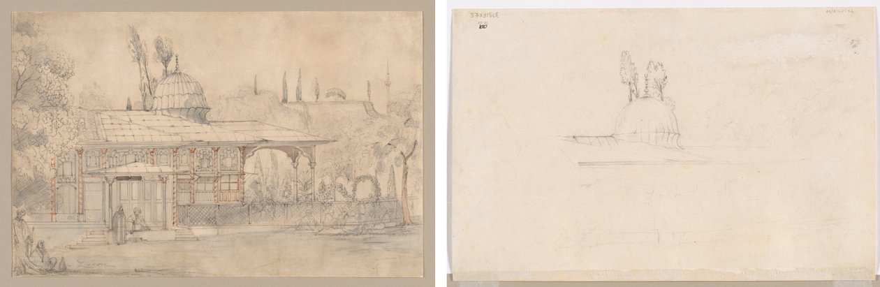 Mecset melletti pavilon (recto) Vázlat a mecset melletti pavilonhoz (verso) alkotó: Unknown artist