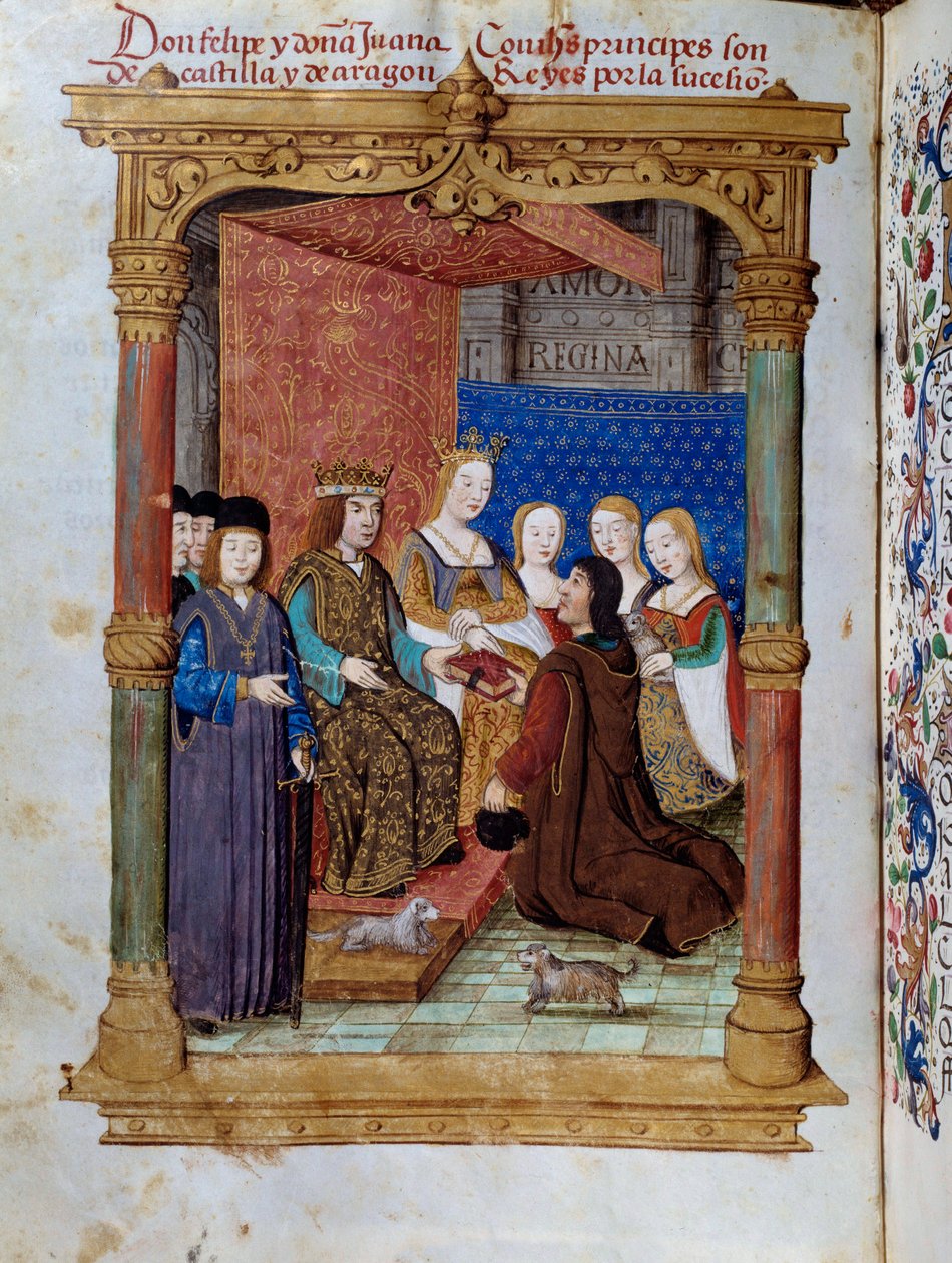 Pedro Marcuello bemutatja könyvét I. Fülöp Hasburg királynak, akit a Szépnek nevezett (1478-1506) és Joan Iere kasztíliai királynénak (1504-1555). Miniatűr a Da Juana királynő áhítatában, akit őrült nőnek neveztek, Pedro Marcuello alkotó: Unknown artist
