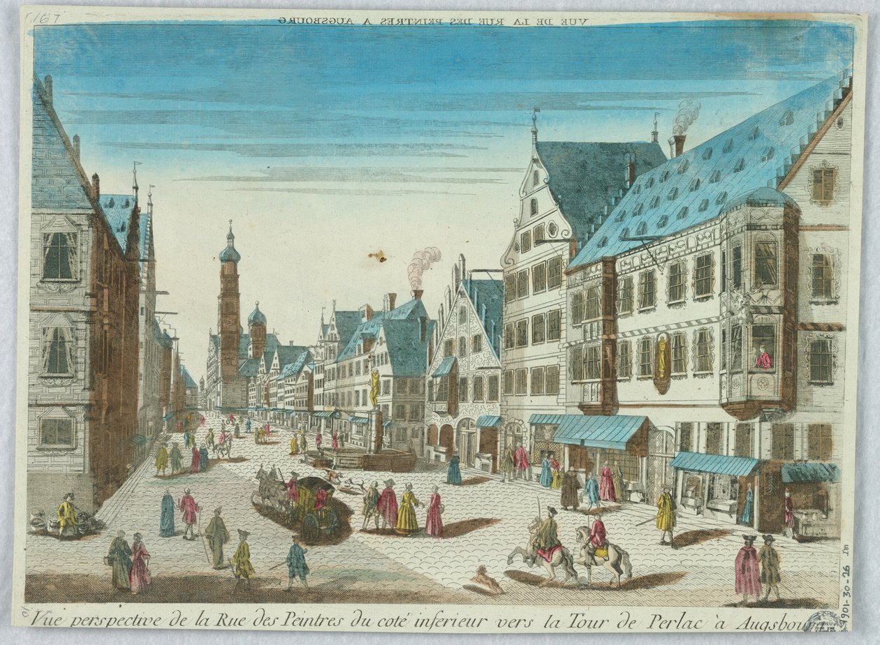 Peep-show, perspektivikus kilátás a festők utcájára az alsó partról az augsburgi Perlac-torony felé alkotó: Unknown artist