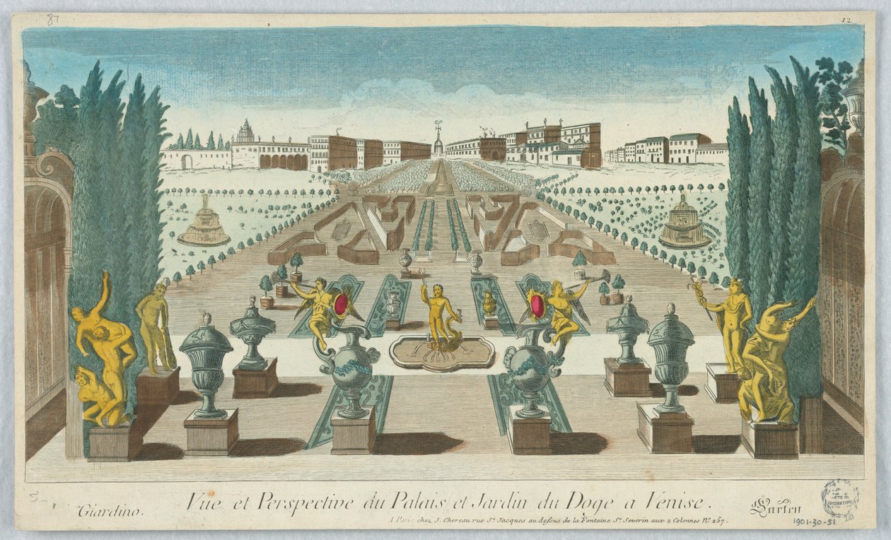 Peep-show, kilátás és perspektíva a velencei Dózsa palotájára és kertjére, Giardino, Gartea, 12 alkotó: Unknown artist
