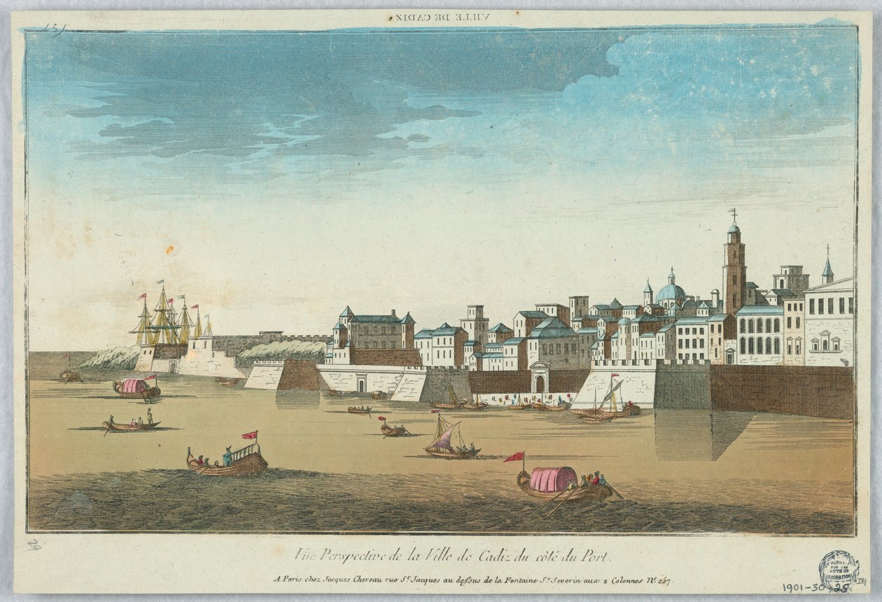 Peep-show, perspektivikus kilátás Cadiz városára a kikötő partjáról alkotó: Unknown artist
