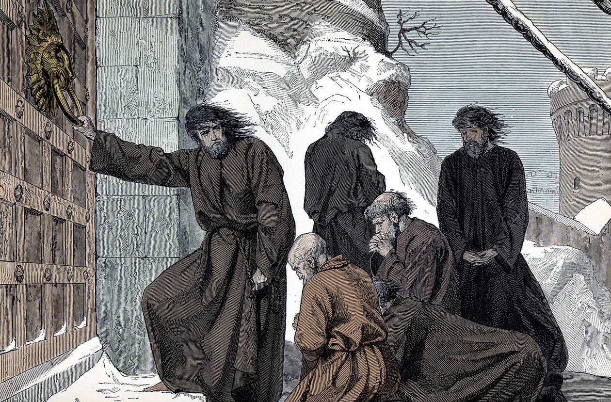 Henrik német vezeklése Canossában – IV. Henrik német császár (1050 - 1106) a Canossa (IV. Henrik Szent-római császár vezeklése, Canossa, Olaszország, 1077. január. Henrik mezítláb áll a hóban, hajingben , hogy meggyőzze P alkotó: Unknown artist