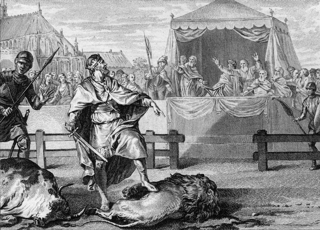 Pepin le Brief (714-768), a frankok új királya egy arénában oroszlánnal és bikával vívott harcával bizonyítja bátorságát, 751. 18. századi metszet. alkotó: Unknown artist