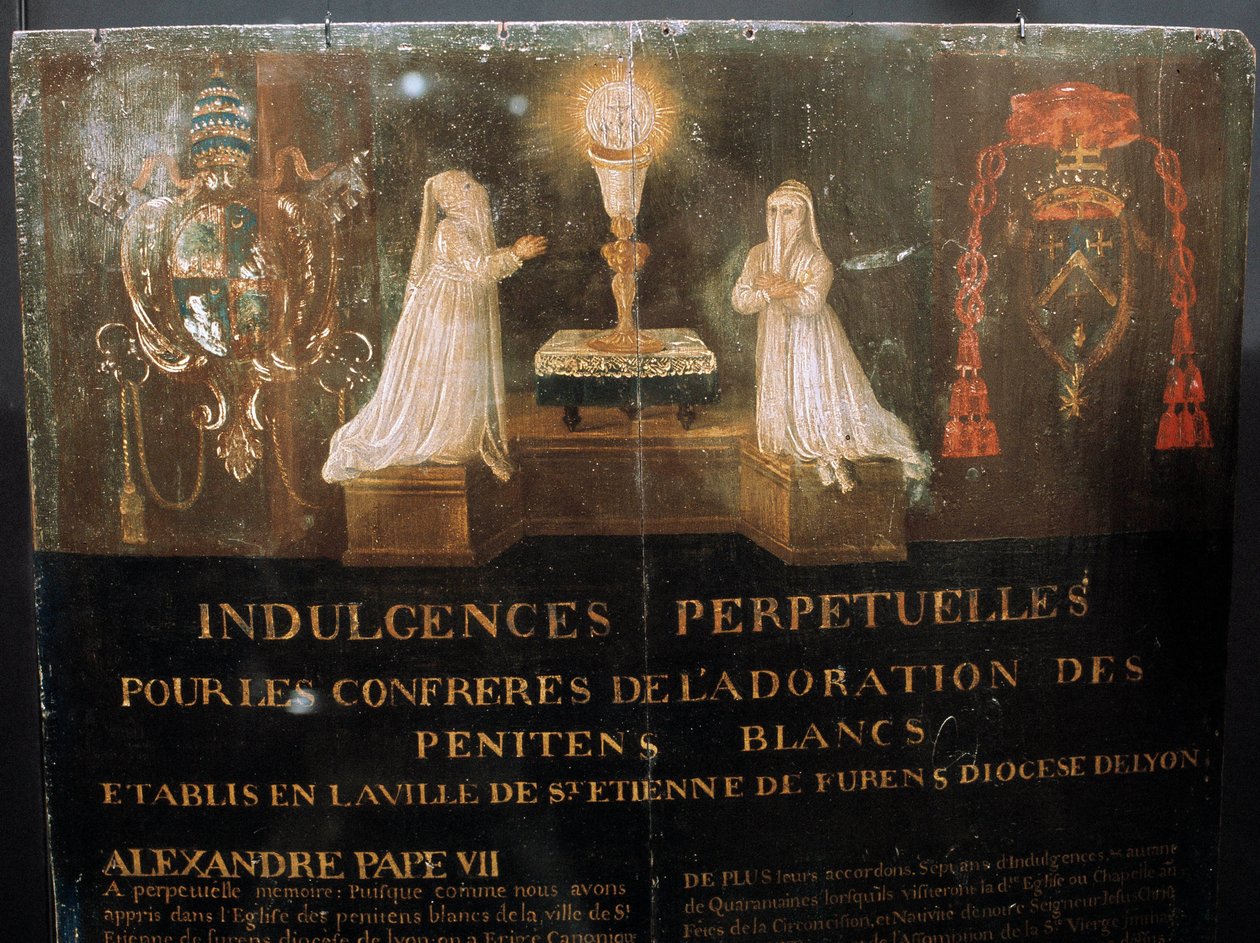 VII. Sándor pápa örökös búcsúztatója Szent István városának Confrerie des Penitents Blancs tagjainak 1668 körül. Festmény fára. alkotó: Unknown artist