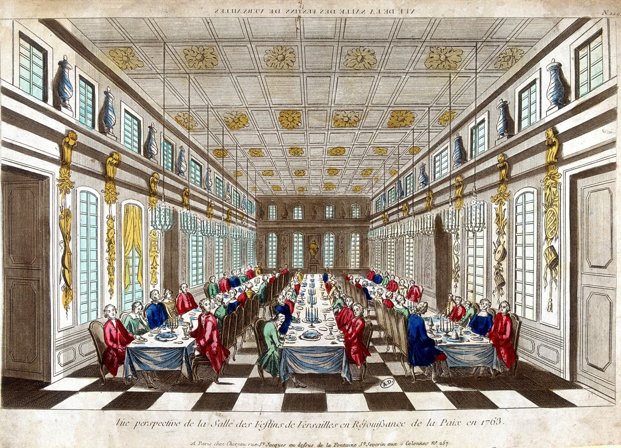 Perspektivikus nézet a Salle des Festins de Versailles-ról a béke ünneplésére 1763-ban Nagy-Britannia, Franciaország és Spanyolország között. alkotó: Unknown artist
