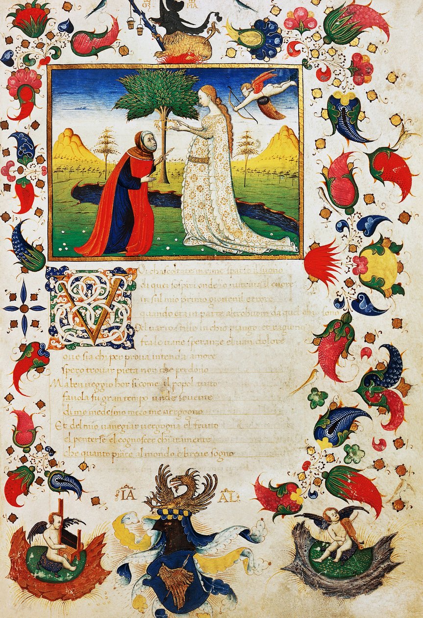 Ámor nyila által eltalált Petrarca babérkoronát visel, Bevezetés a Te, aki hallod a hangot szonetthez, szórványos rímekben, Francesco Petrarca (1304-1374) Trionfiból, megvilágított oldal 15. századi kéziratból alkotó: Unknown artist