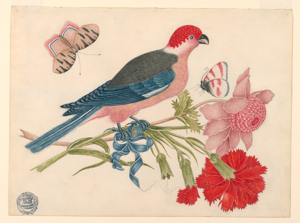 Rózsaszín, piros, kék és fekete madár ágon virágokkal és pillangókkal alkotó: Unknown artist