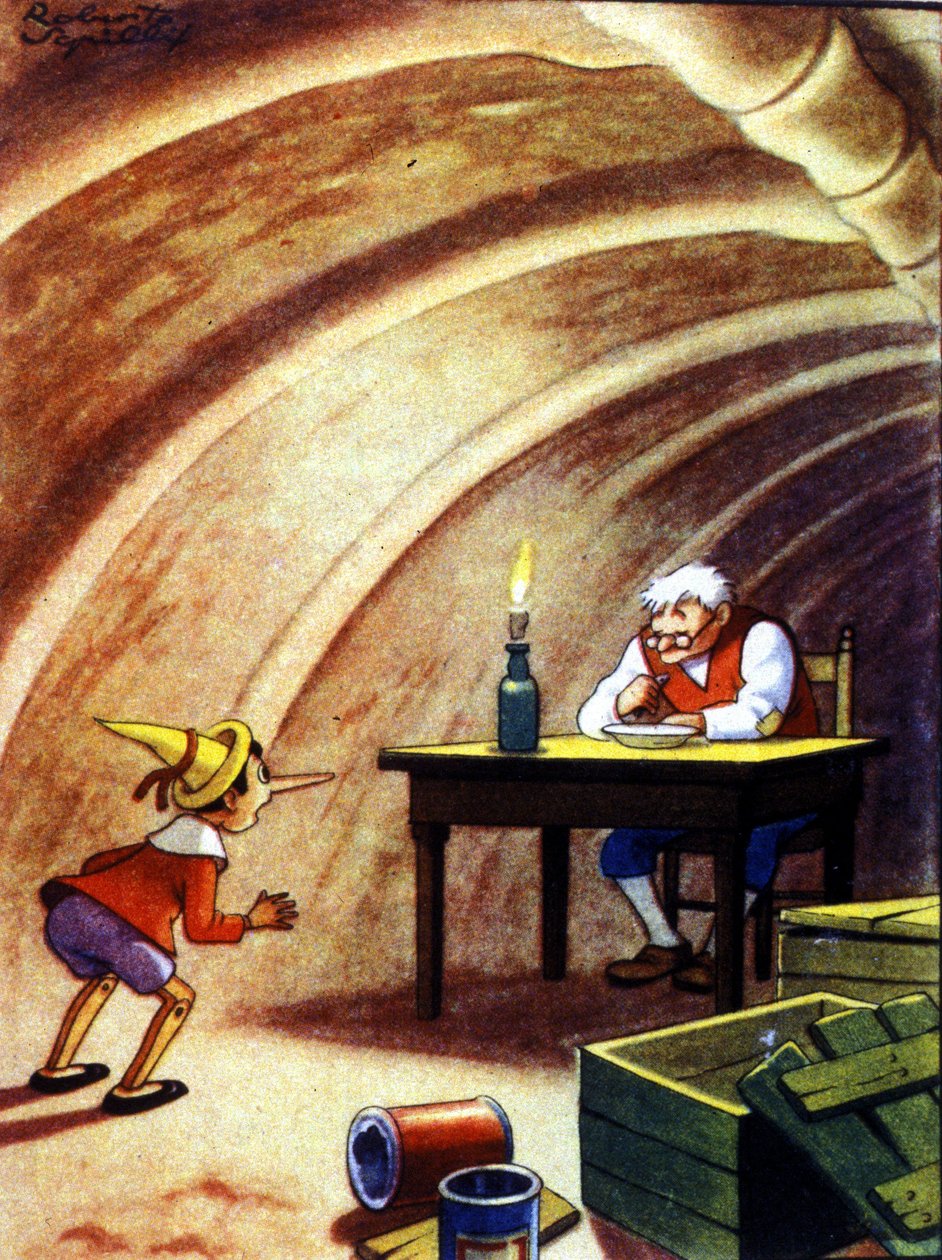 Pinokkió egy hatalmas hal hasbarlangjában találja apját. Illusztráció Carlo Collodi meséjéről. alkotó: Unknown artist