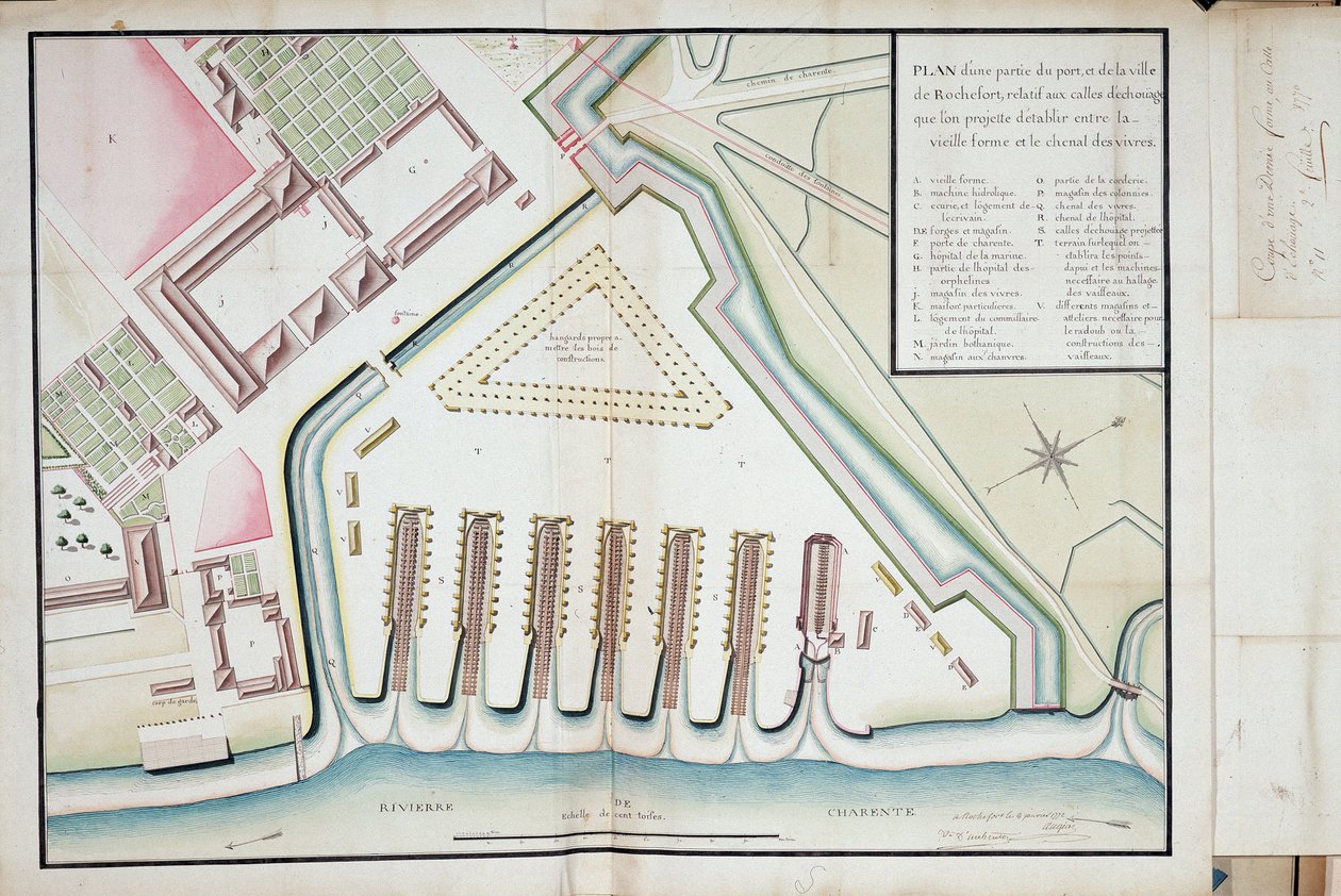 Rochefort kikötőjének és városának egy részének terve a régi forma és az élelmezési csatorna között javasolt partra pályákkal kapcsolatban alkotó: Unknown artist