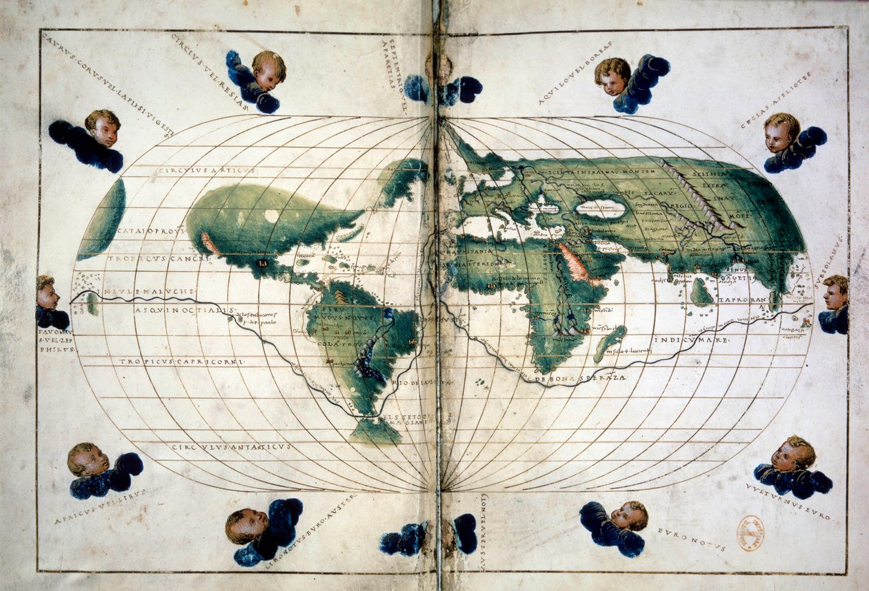 Síkgömb (vagy világtérkép). Földrajzi térkép Battista Agnese atlaszából (1500-1564), 1543 körül. Paris, B.N. alkotó: Unknown artist