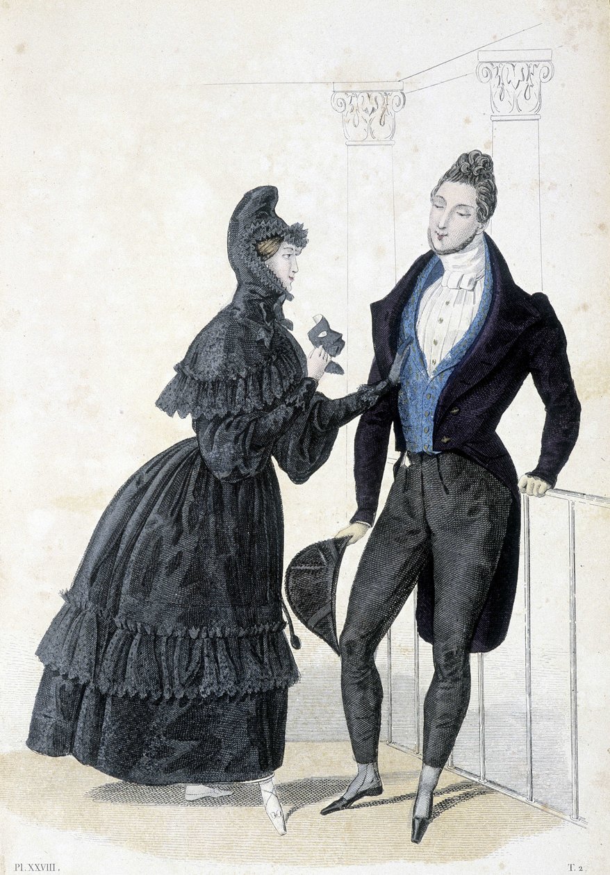 Az 1830-as évek férfias és nőies divatját illusztráló tábla. A nő kapucnis ruhát visel, kezében bálmaszkot tart. alkotó: Unknown artist