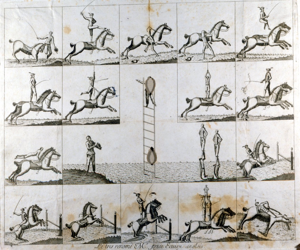 19 nyomatot tartalmazó tányér, amely az angol voltiger Mr. Price ügyességét ábrázolja. 1790 kb. alkotó: Unknown artist