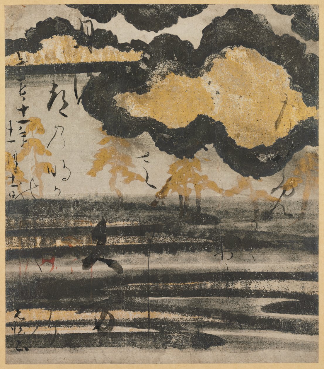 Verskártya a Shinkokin wakashu-tól (japán versek új gyűjteménye az ókori és modern időkből) Fenyő mintával a tengerparton alkotó: Unknown artist