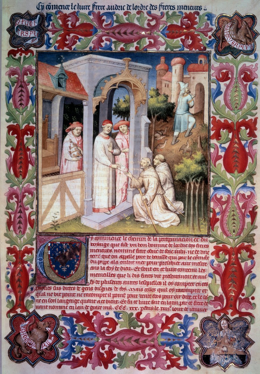 XXII. János pápa a Pordenone-i Odoricsot (ferences) bízza meg a tengerentúli tenger evangelizálásának küldetésével. Emberek, akik fogolyt vezetnek Trabzonba. Jean Without Fears fegyverei és emblémája. Jean de Berry fegyverei. Miniatűr az „Itineáriumban”. C alkotó: Unknown artist