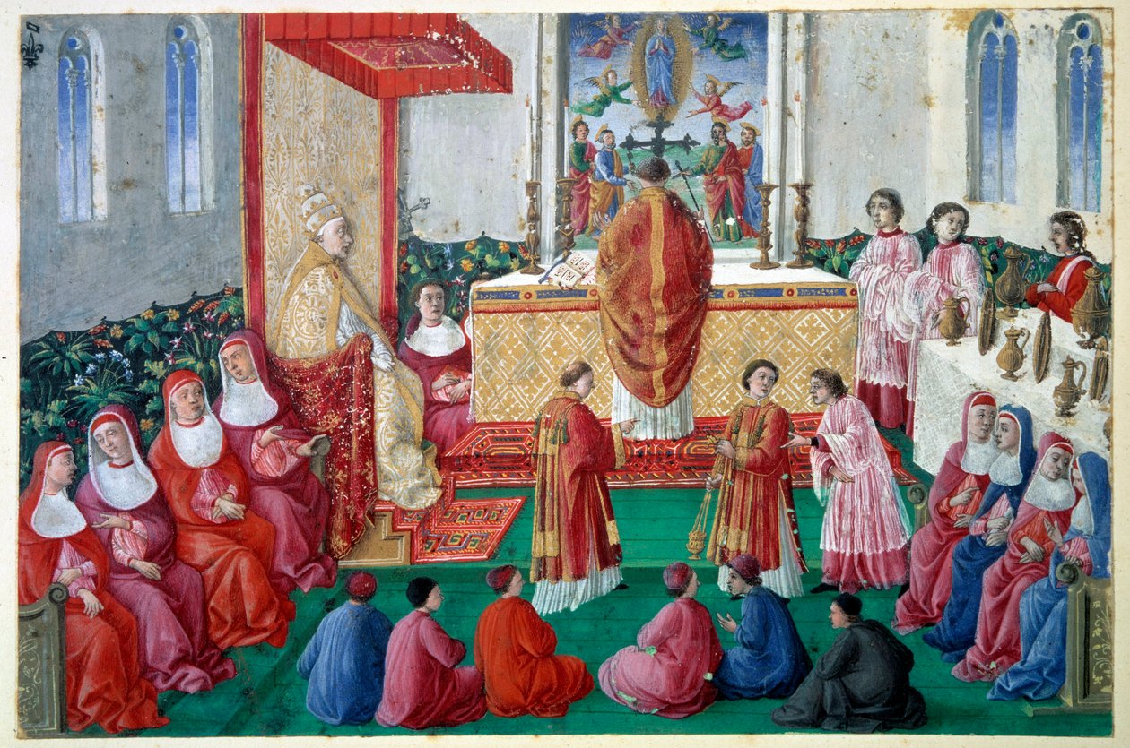IV. Sixtus pápa (1414-1484) szentmisén vesz részt a Sixtus-kápolnában a 15. századi vatikáni miniatűr decoupéban. V 0,1x0,16 m Chantilly, musee Conde alkotó: Unknown artist