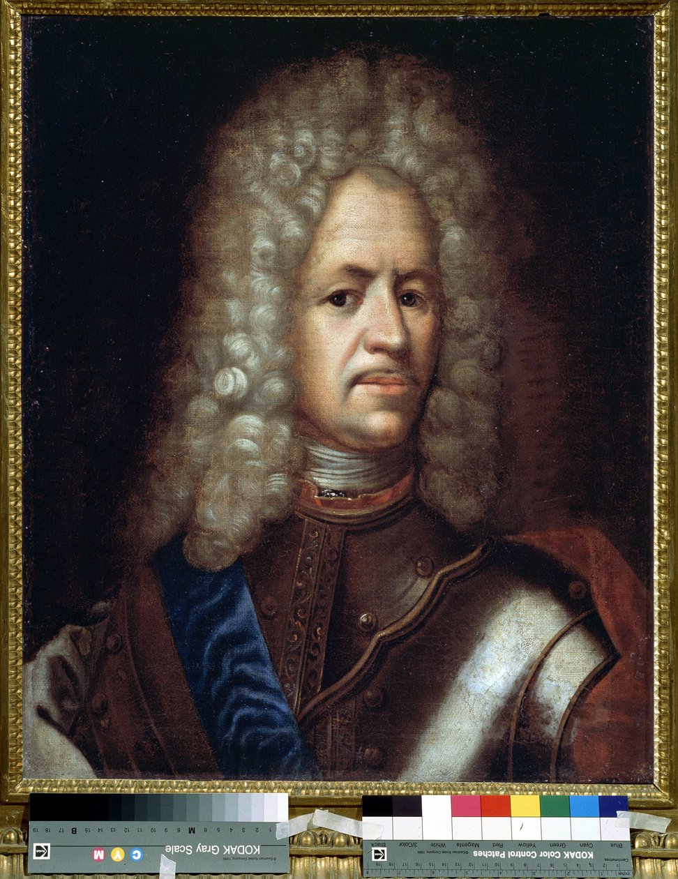 Alekszandr Danilovics Mensikov, Generalissimo, a Szent Római Birodalom hercege és Magyarország hercege (1673-1729) portréja. Névtelen festmény. Olaj, vászon, 61 x 50 cm, 1720 körül. Rokokó művészet. Állami Történeti Múzeum, Moszkva. alkotó: Unknown artist