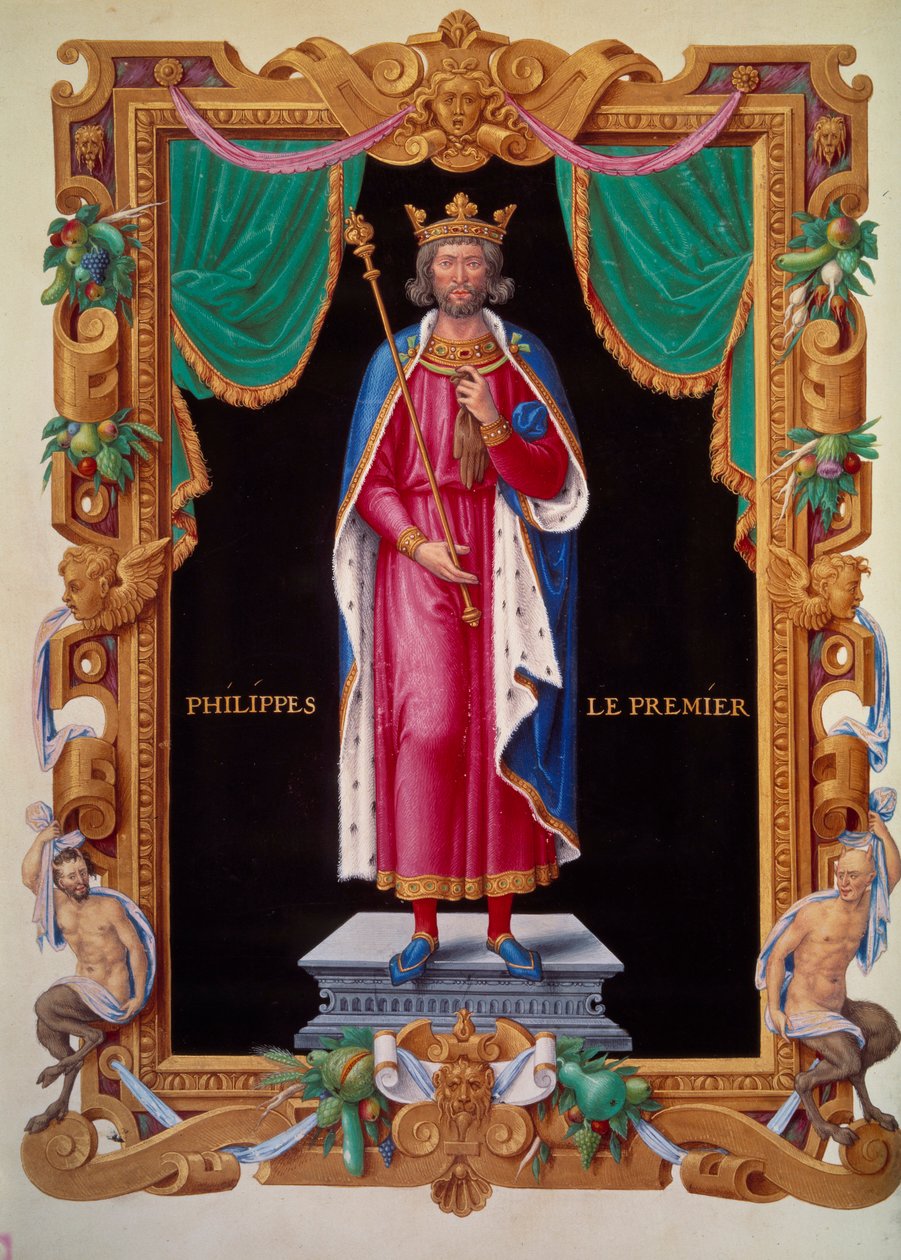 I. Fülöp francia király (1052-1108) portréja a lábán. Miniatűr a „Franciaország királyainak gyűjteményében”, Jean du Tillet alkotó: Unknown artist