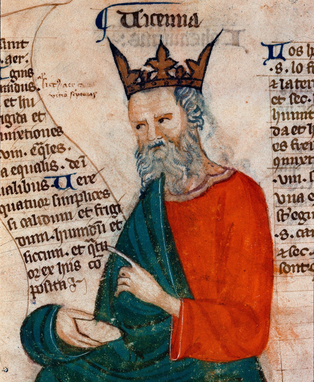 Abu Ali al-Husain ibn Abdullah ibn Sina (Avicenna) portréja. Avicenna (980-1037), iráni orvos és filozófus. 14. századi miniatűr. Firenze, Nemzeti Könyvtár. alkotó: Unknown artist