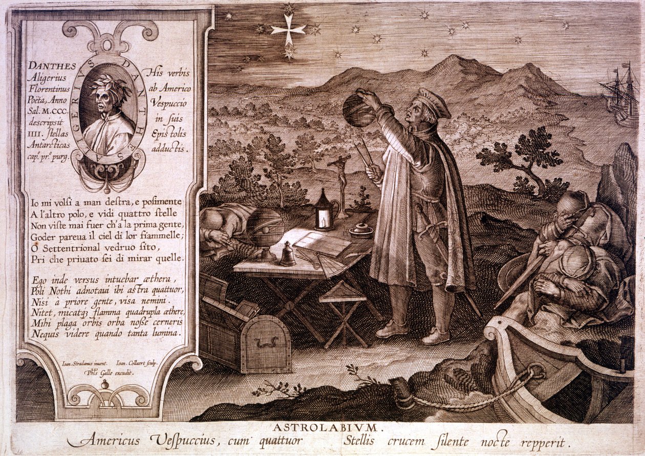 Amerigo Vespucci (1454 - 1512) olasz navigátor portréja, akit egy asztrolábium használata közben ábrázoltak. A bal oldali dobozban Dante Alighieri portréja, valamint az Isteni színjáték purgatóriuma első dalának részlete található. Metszet a 18. sz alkotó: Unknown artist