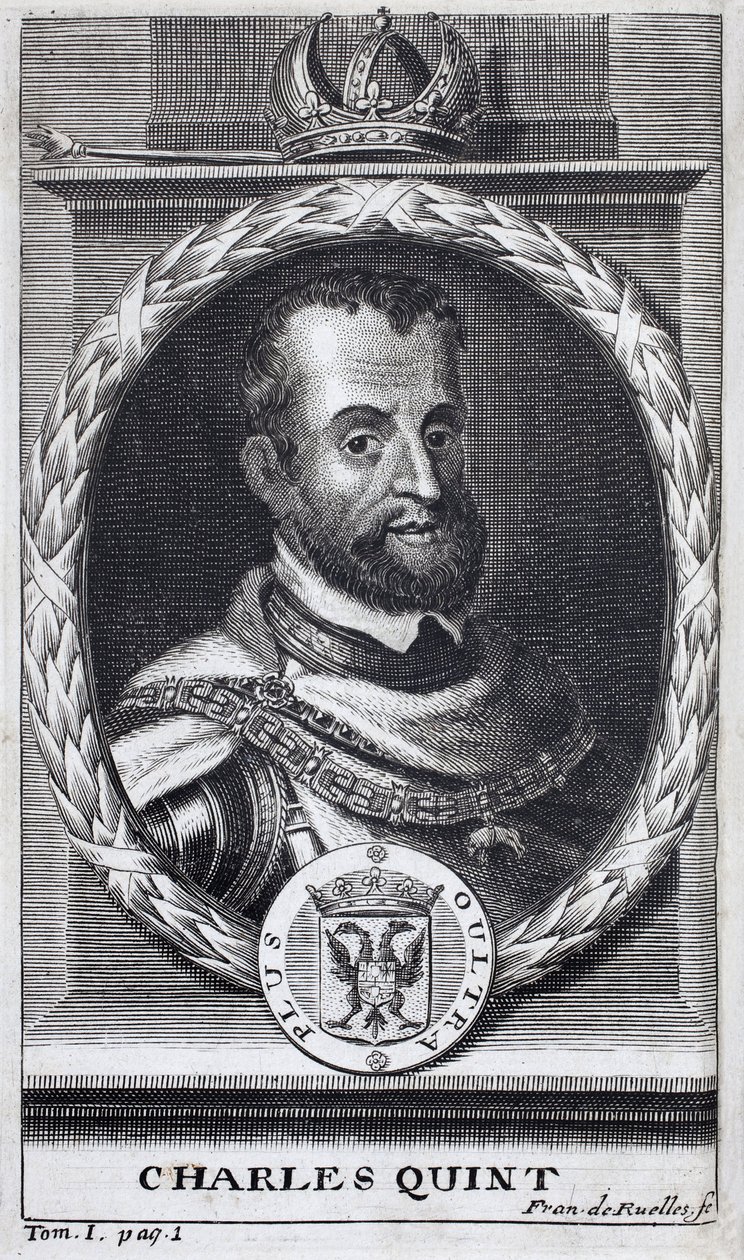 V. Károly (1500-1558), Spanyolország és spanyol Amerika királya, Szicília királya és a Német Római Birodalom germán császára (1519-1556) portréja. Metszet a „Flandriai háború története” illusztrálására, Flamianus Strada, Joseph T