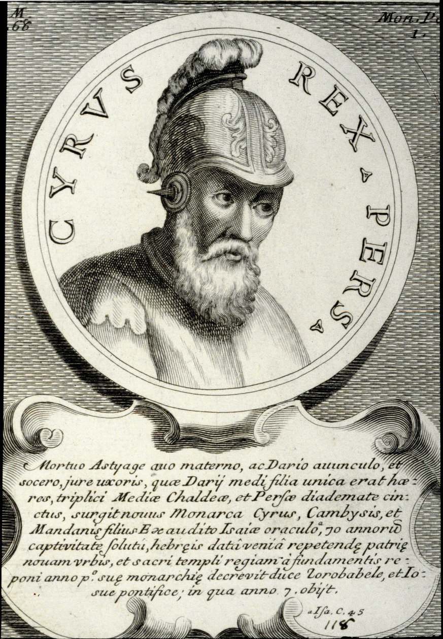Nagy Kürosznak, a Perzsa Birodalom alapítójának nevezett II. Kürosz (kb. ie 559-529) portréja. A 18. századi magángyűjtemény metszete alkotó: Unknown artist