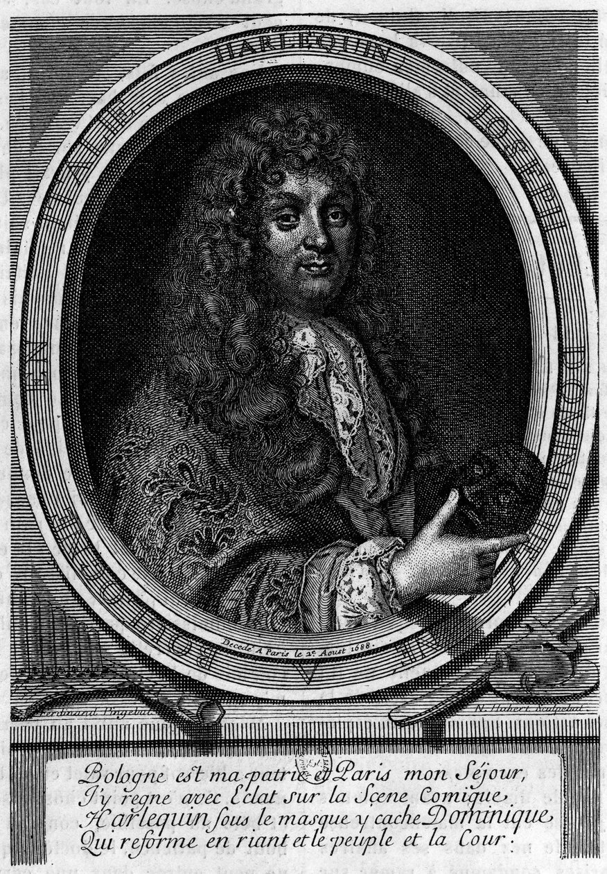Dominique (Domenico Giuseppe) Biancolelli (1640-1688) színész portréja, ő alkotta meg az általa előadott Harlekin (Arlechino) karakterét. Tagja volt annak a társulatnak, amelyet Mazarin 1660-ban Párizsba hozott a Comedie-Italiana-ba. alkotó: Unknown artist